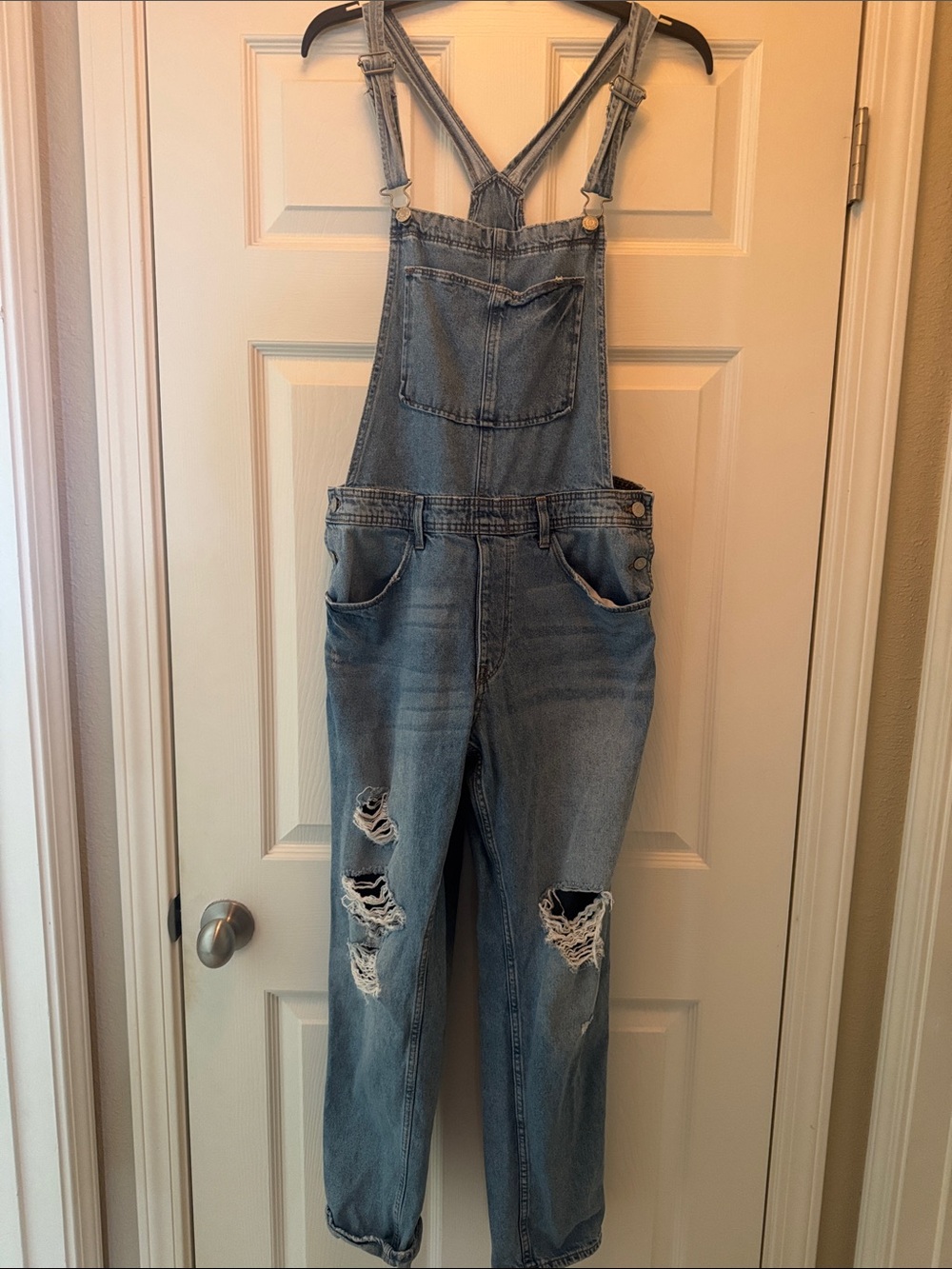 Distressed Blue Denim Overalls for Women